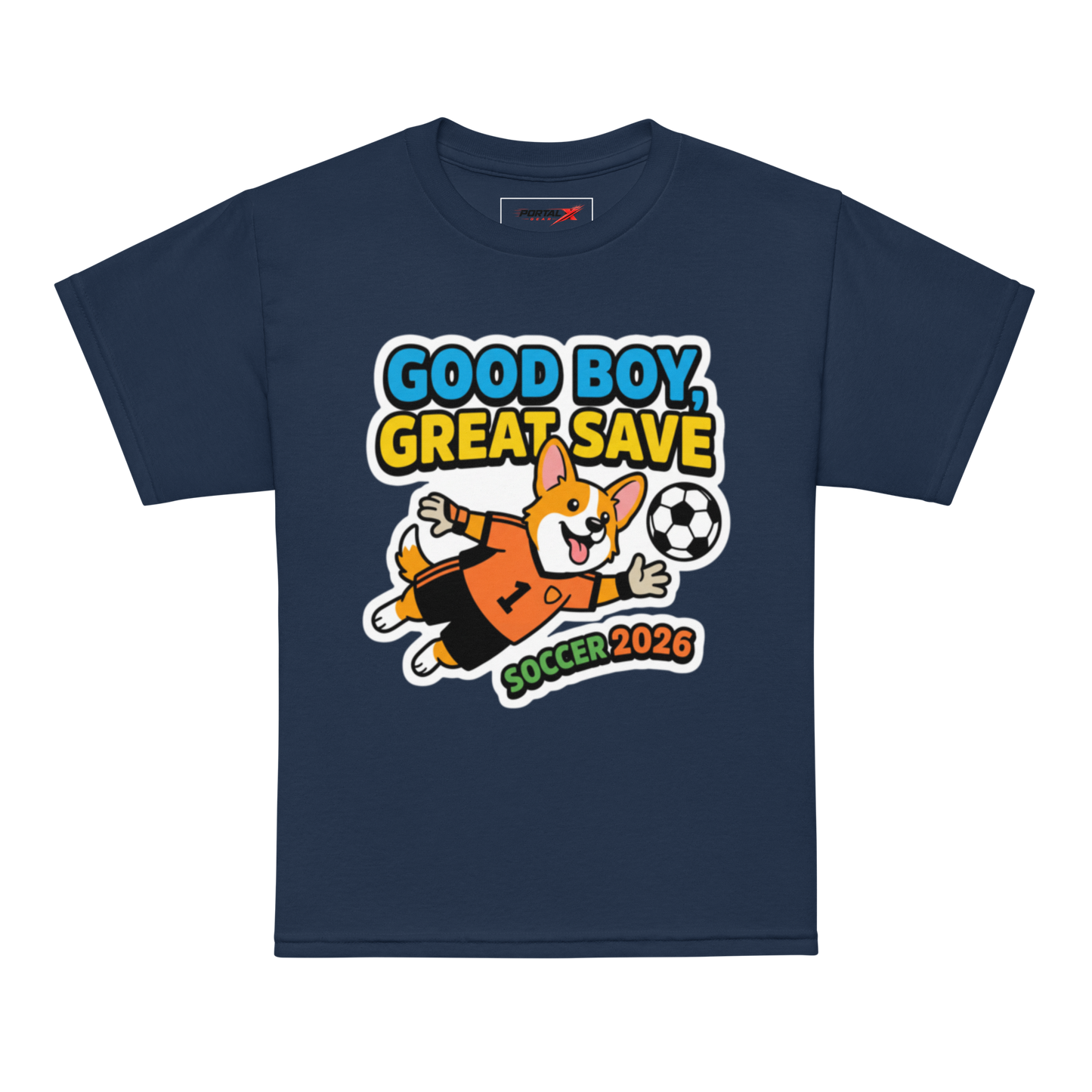 Good Boy Great Save kids' soccer 2026 performance tee — navy, model front