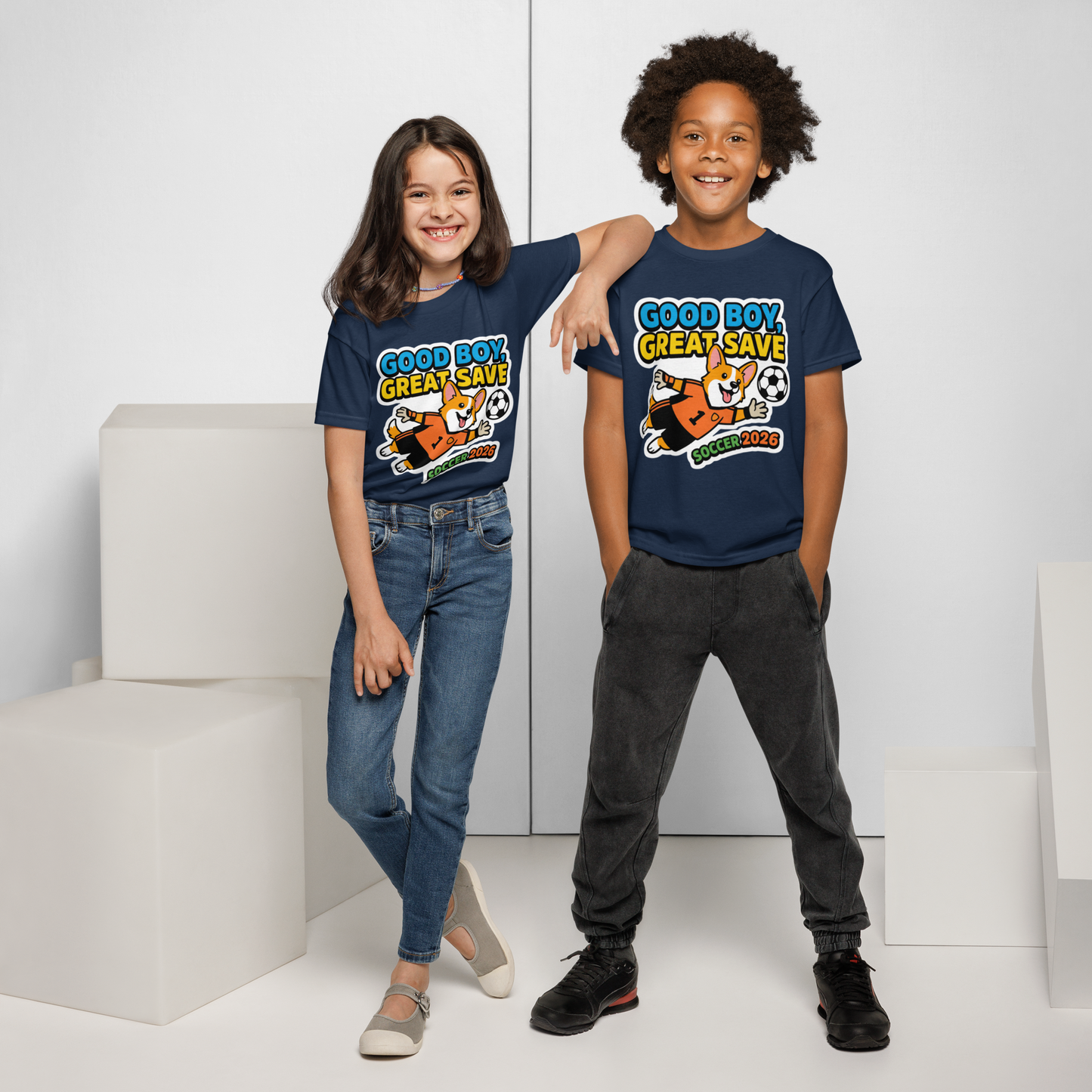 Good Boy Great Save kids' soccer 2026 performance tee — navy, front detail