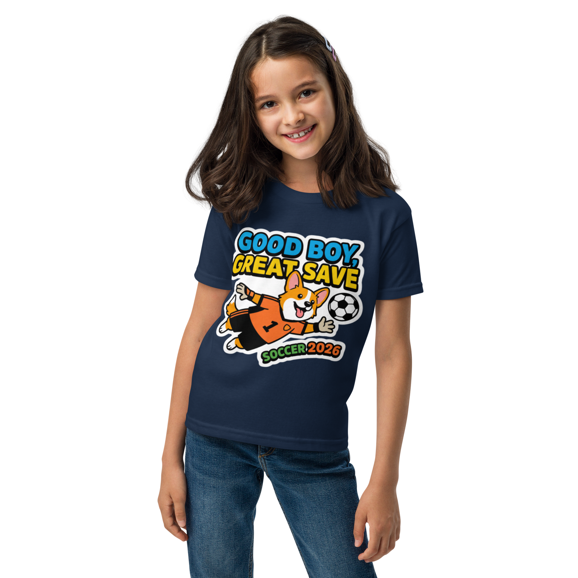 Good Boy Great Save kids' soccer 2026 performance tee — navy, front view