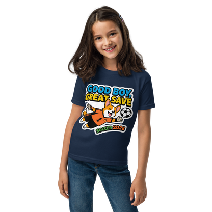 Good Boy Great Save kids' soccer 2026 performance tee — navy, front view