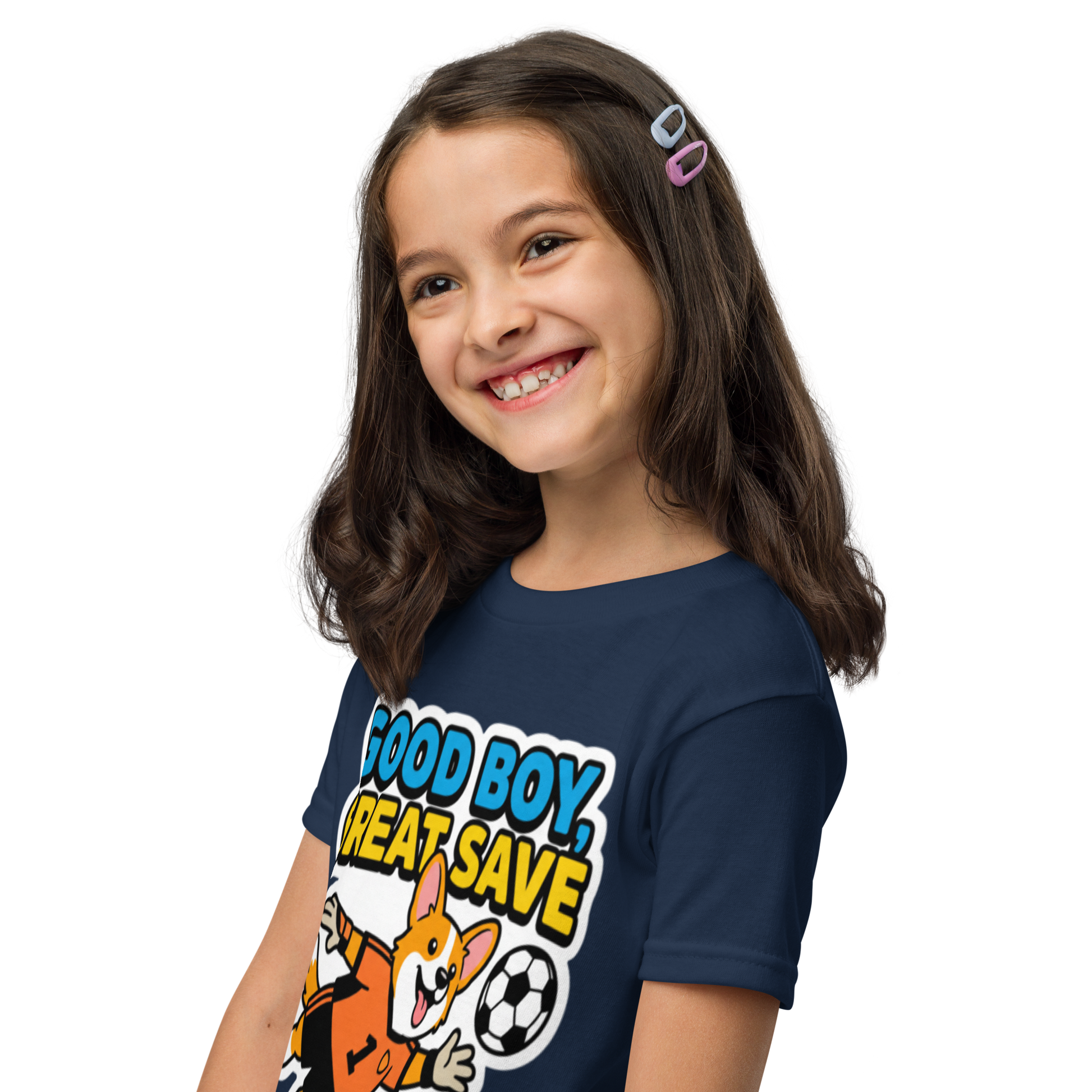 Good Boy Great Save kids' soccer 2026 performance tee — navy, left side view