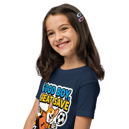 Good Boy Great Save kids' soccer 2026 performance tee — navy, left side view