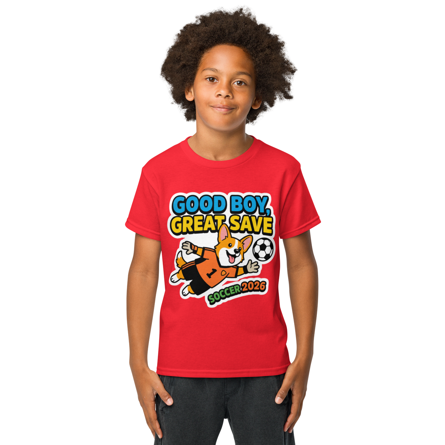 Good Boy Great Save kids' soccer 2026 performance tee — red, lifestyle