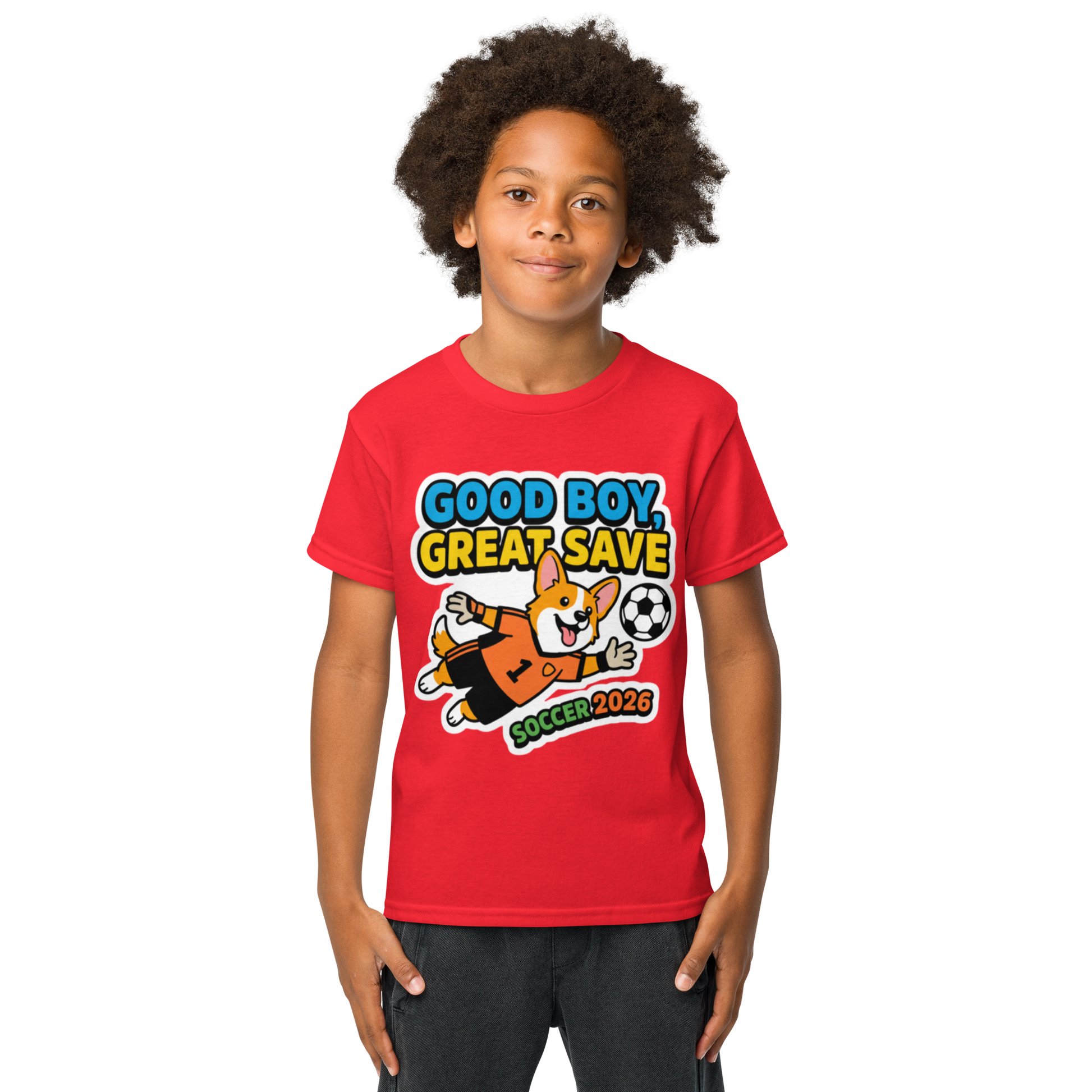 Good Boy Great Save kids' soccer 2026 performance tee — red, lifestyle