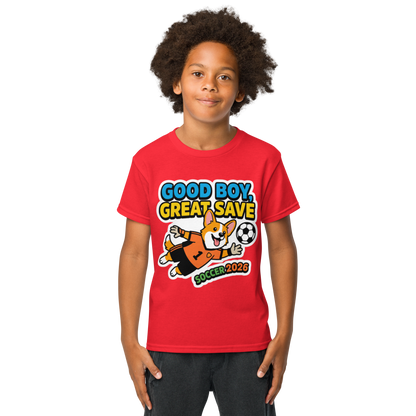Good Boy Great Save kids' soccer 2026 performance tee — red, lifestyle