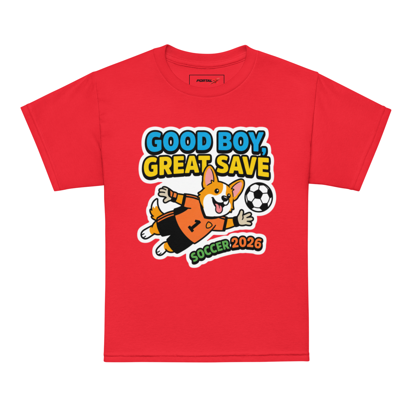 Good Boy Great Save kids' soccer 2026 performance tee — red, model front
