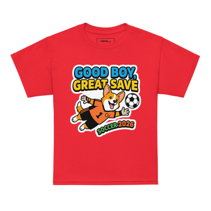Good Boy Great Save kids' soccer 2026 performance tee — red, model front
