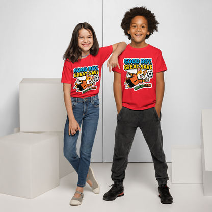 Good Boy Great Save kids' soccer 2026 performance tee — red, front detail