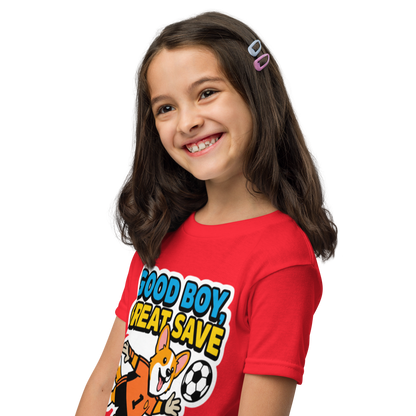 Good Boy Great Save kids' soccer 2026 performance tee — red, left side view