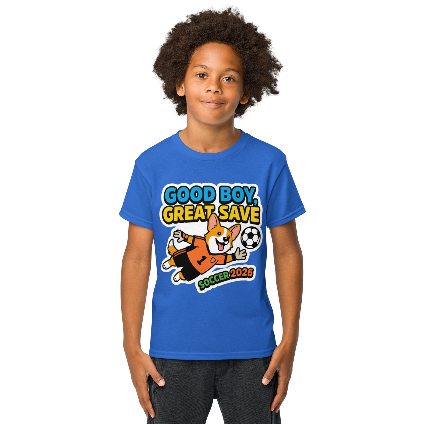 Good Boy Great Save kids' soccer 2026 performance tee — royal blue, lifestyle