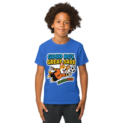 Good Boy Great Save kids' soccer 2026 performance tee — royal blue, lifestyle