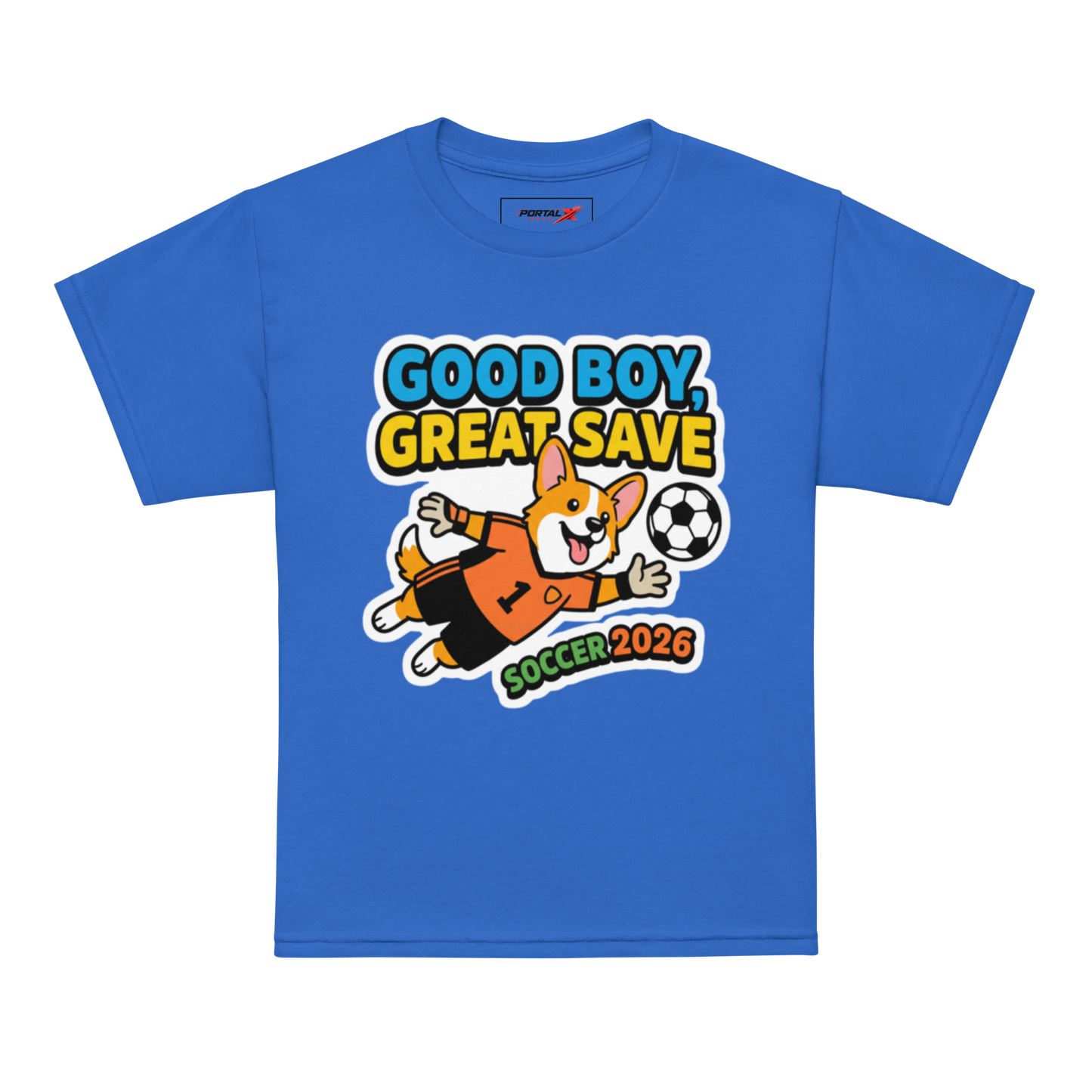 Good Boy Great Save kids' soccer 2026 performance tee — royal blue, model front