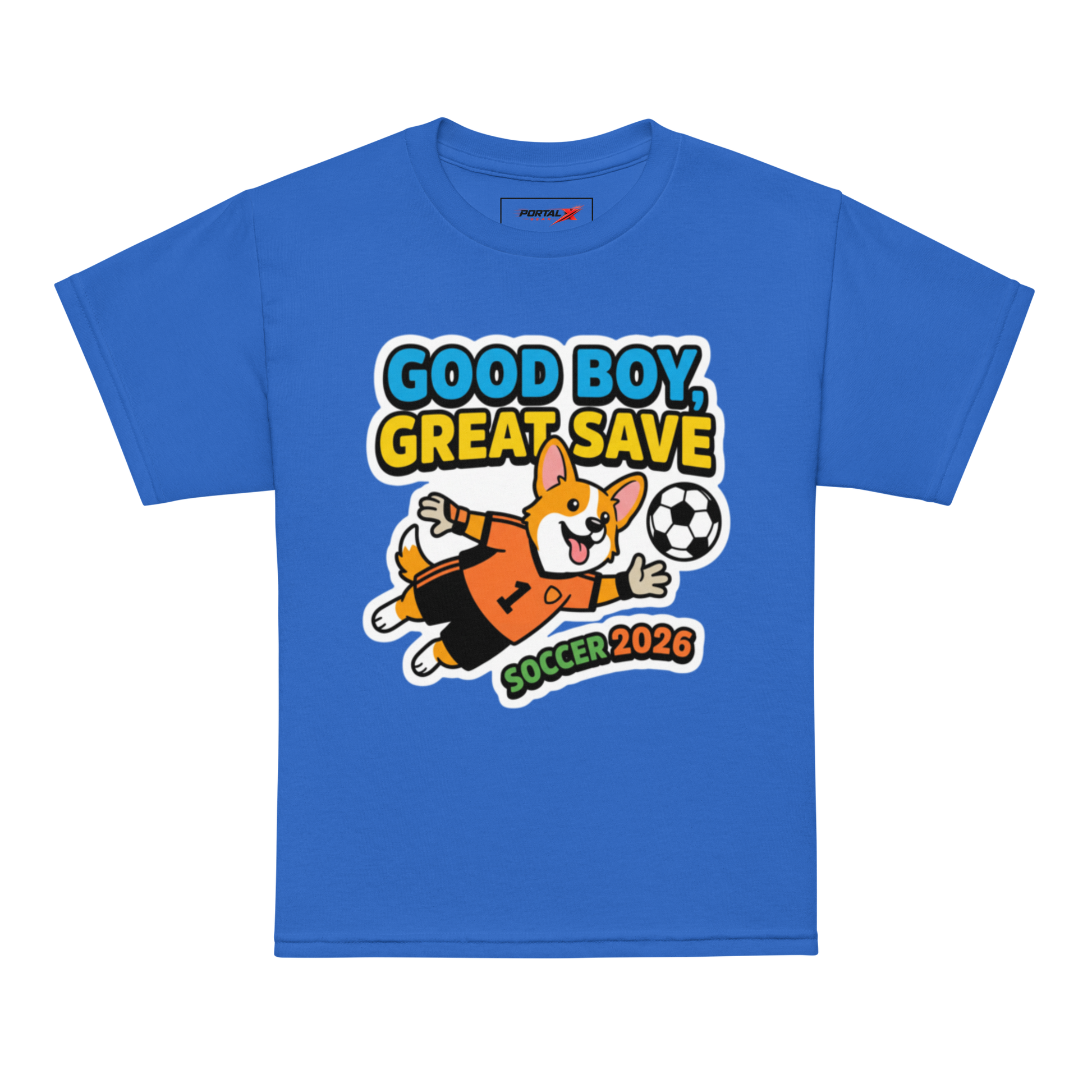 Good Boy Great Save kids' soccer 2026 performance tee — royal blue, model front