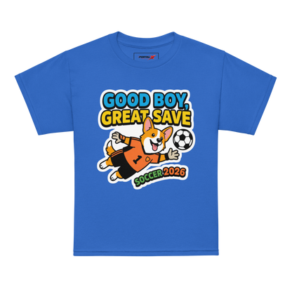 Good Boy Great Save kids' soccer 2026 performance tee — royal blue, model front