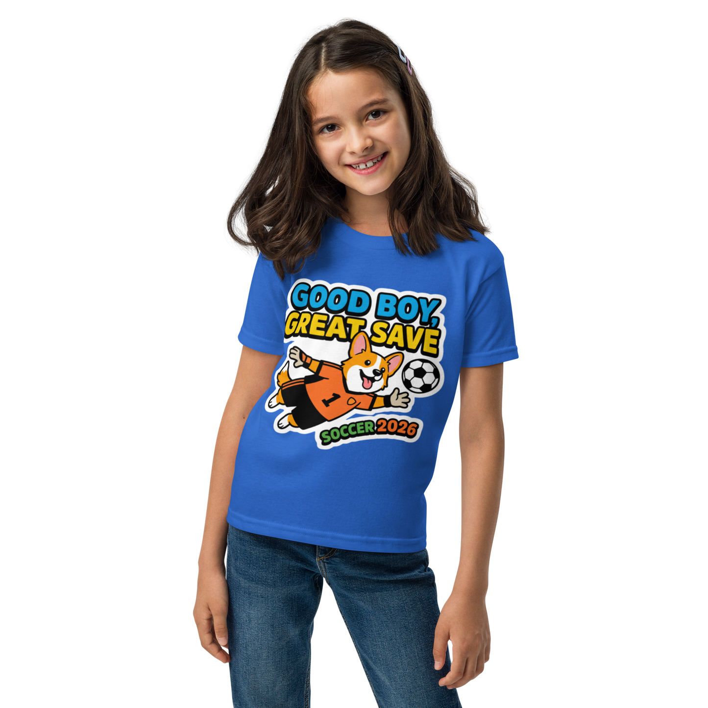 Good Boy Great Save kids' soccer 2026 performance tee — royal blue, front view