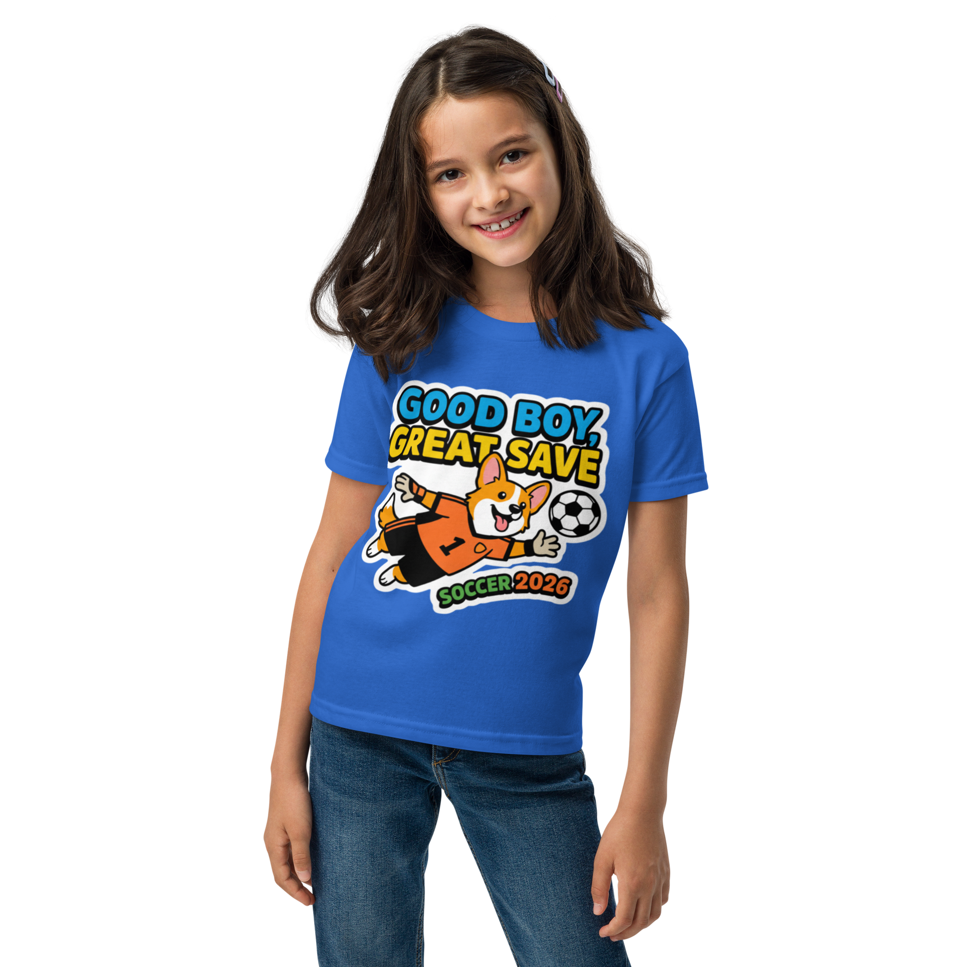 Good Boy Great Save kids' soccer 2026 performance tee — royal blue, front view