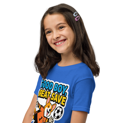 Good Boy Great Save kids' soccer 2026 performance tee — royal blue, left side view