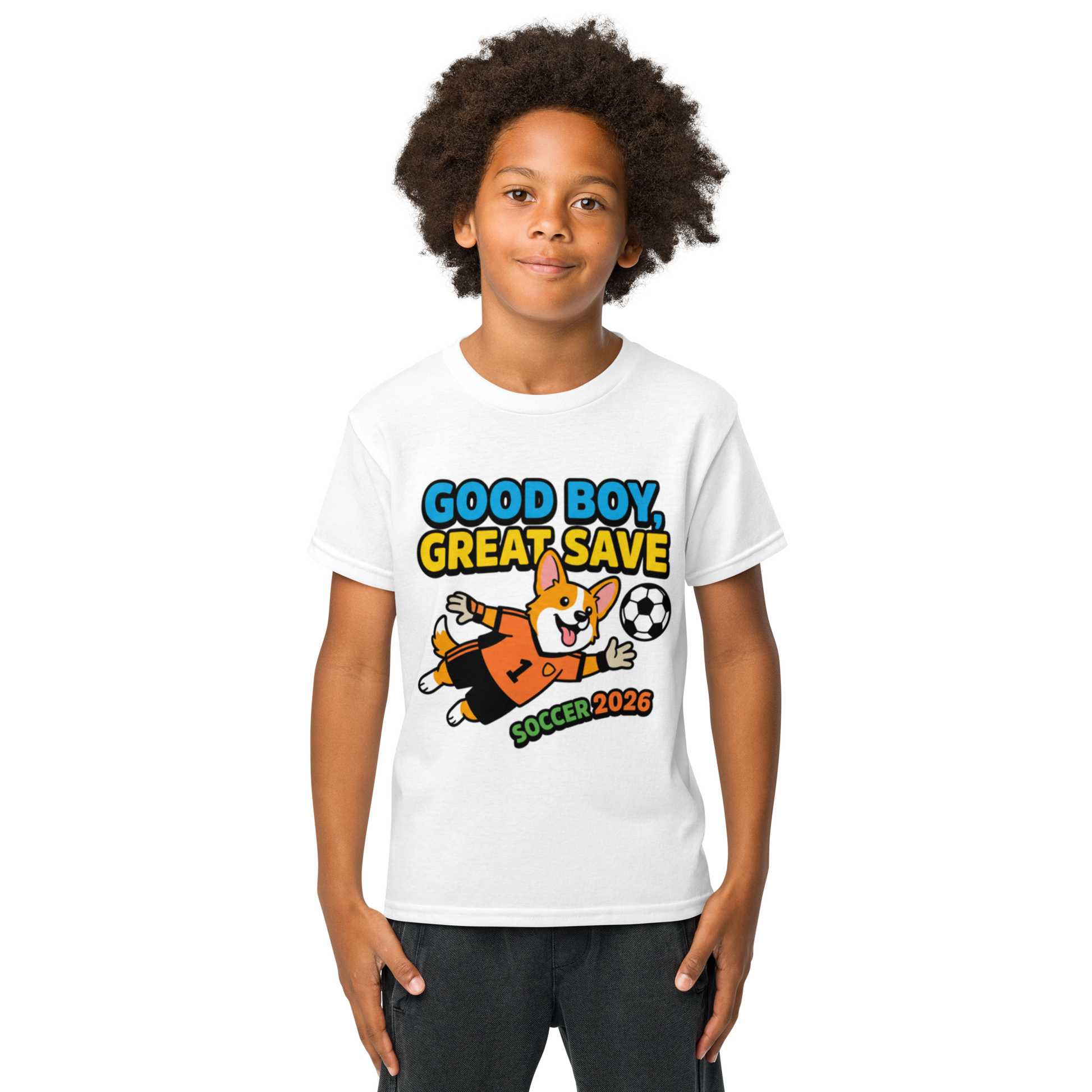 Good Boy Great Save kids' soccer 2026 performance tee — white, lifestyle