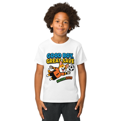 Good Boy Great Save kids' soccer 2026 performance tee — white, lifestyle