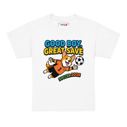 Good Boy Great Save kids' soccer 2026 performance tee — white, model front
