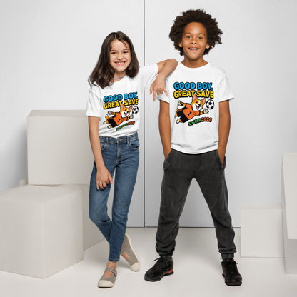 Good Boy Great Save kids' soccer 2026 performance tee — white, front detail