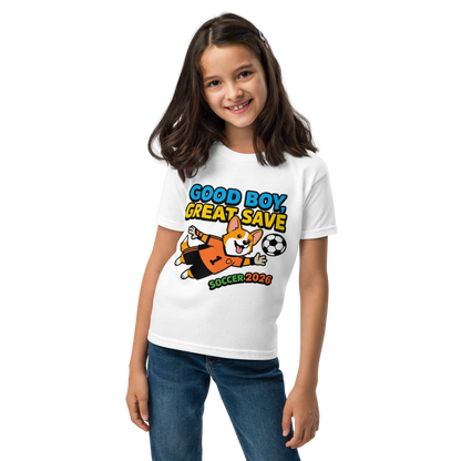 Good Boy Great Save kids' soccer 2026 performance tee — white, front view