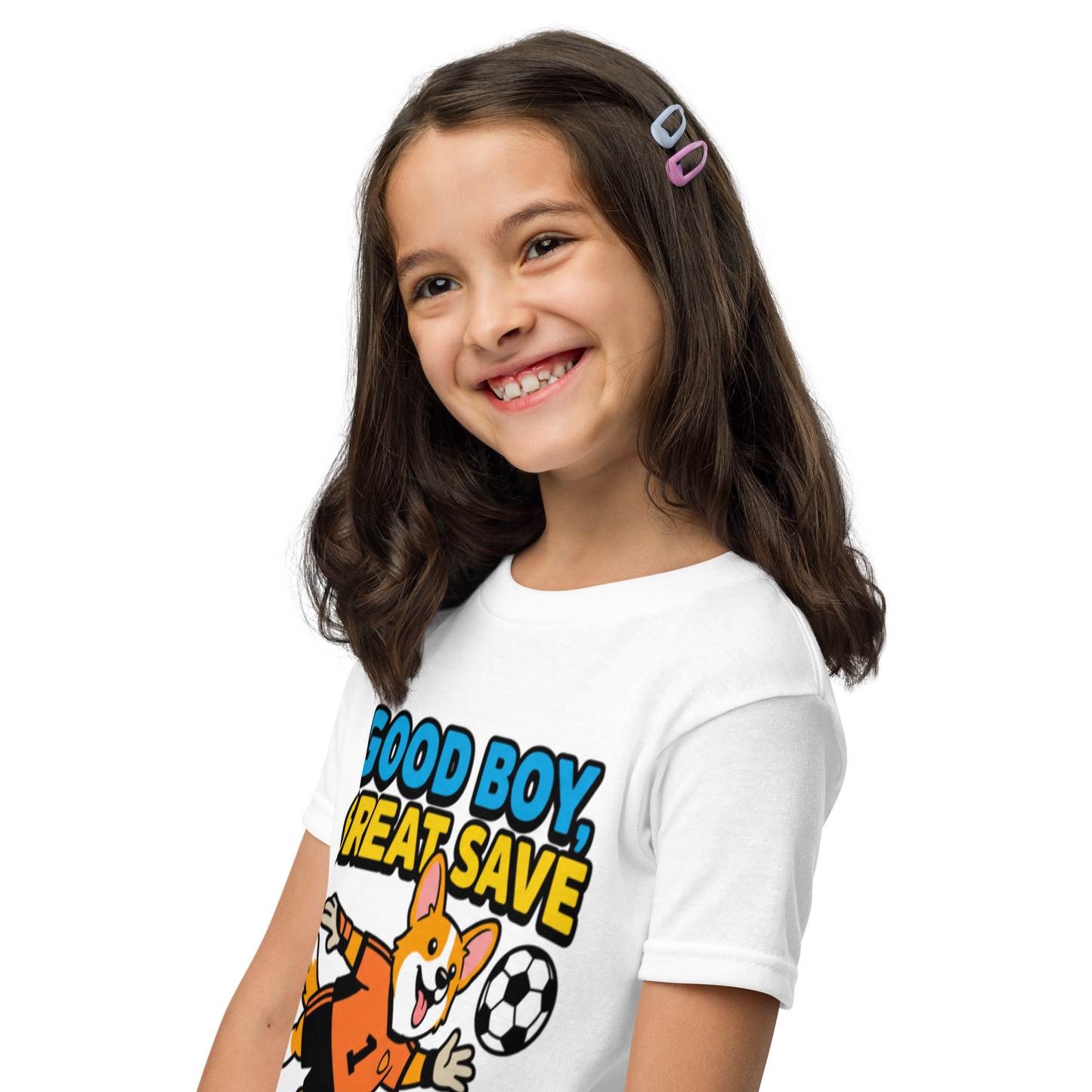 Good Boy Great Save kids' soccer 2026 performance tee — white, left side view
