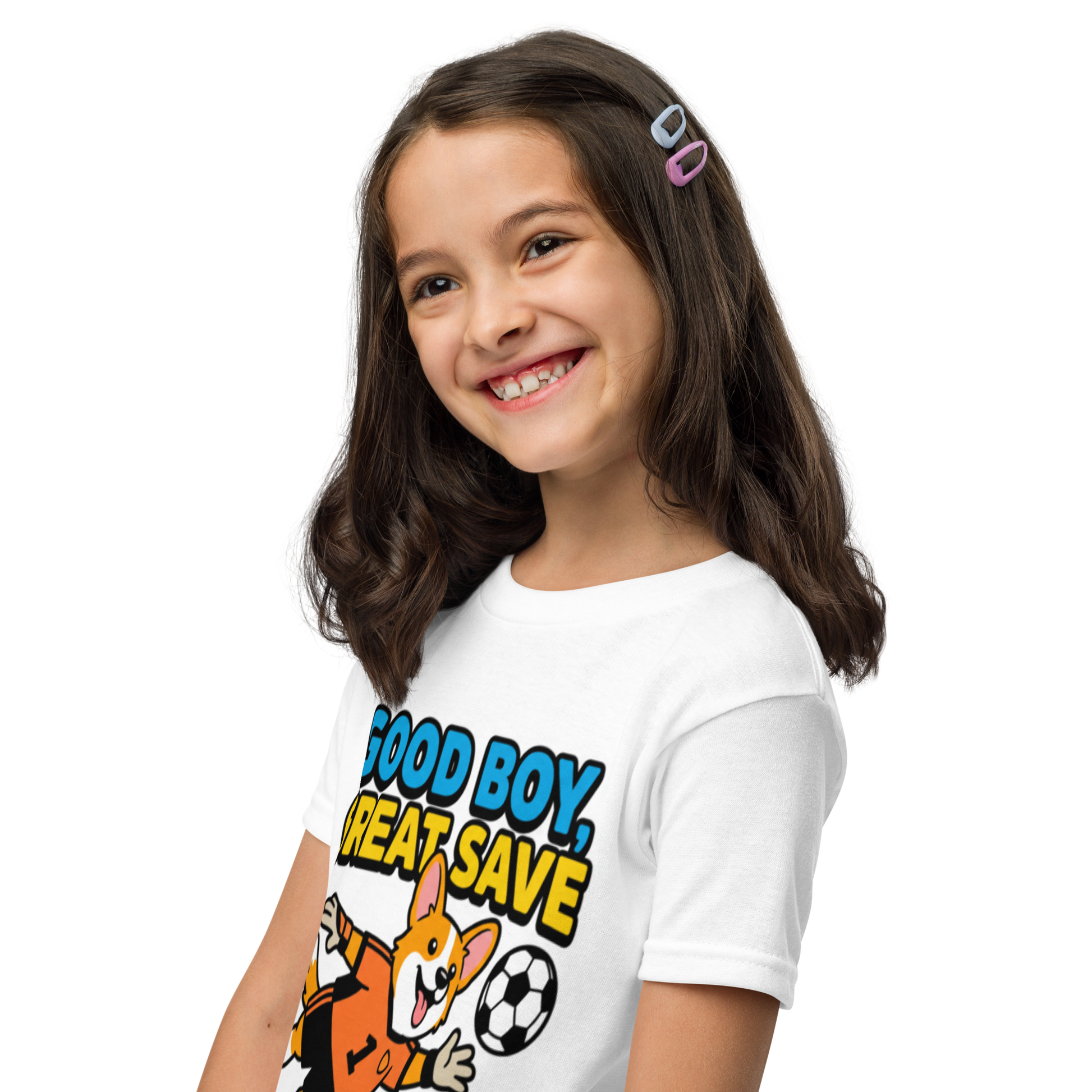Good Boy Great Save kids' soccer 2026 performance tee — white, left side view