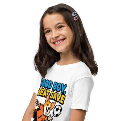 Good Boy Great Save kids' soccer 2026 performance tee — white, left side view